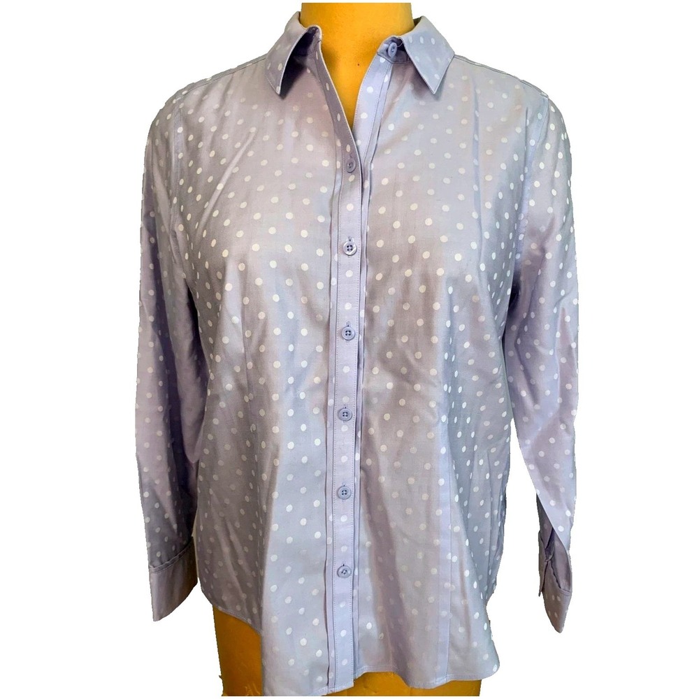 Chicos No-Iron Polka Dot Button Down Light Blue White Long Sleeve Blouse EUC